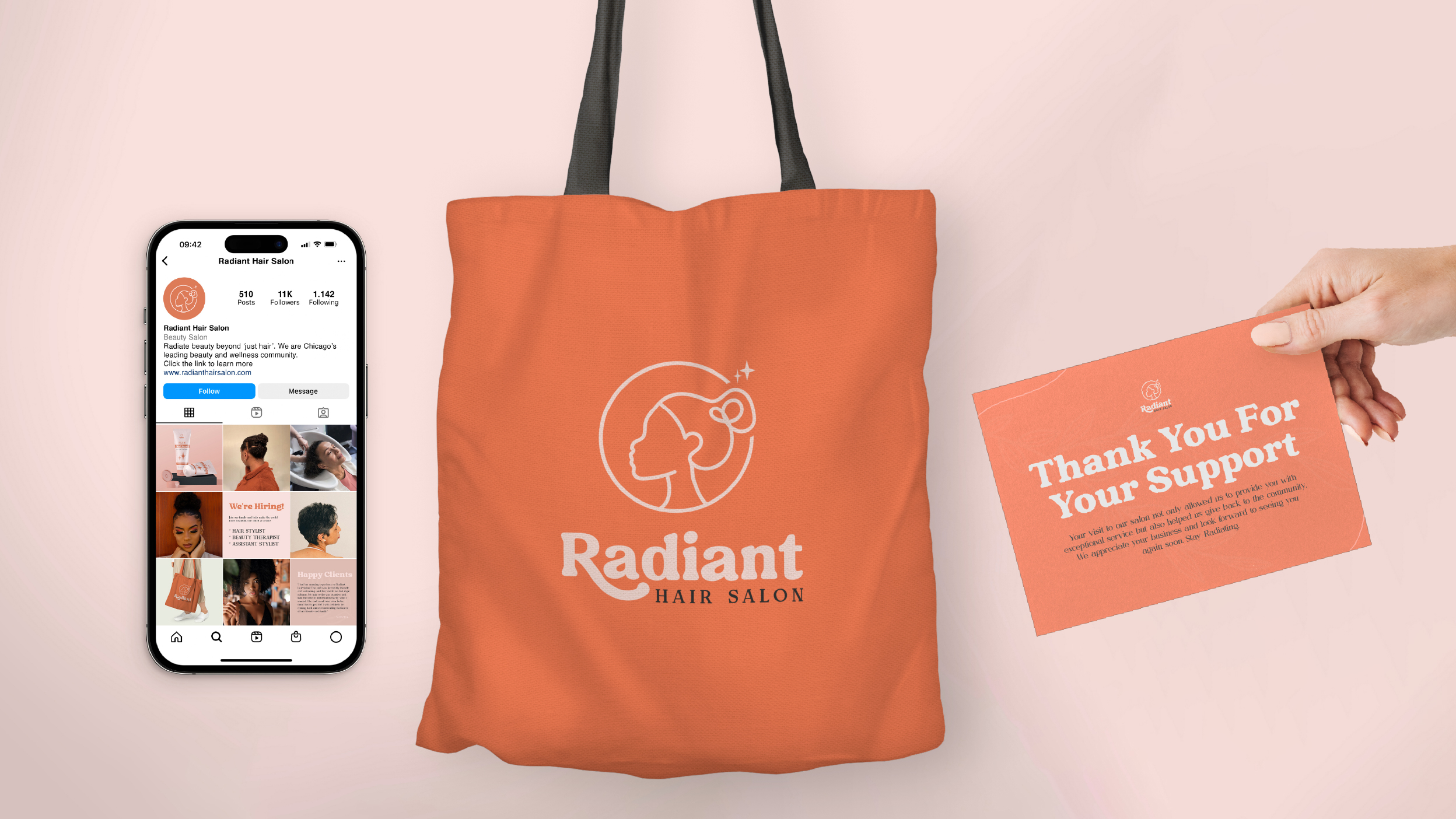 hair salon tote bag, social media, thank you card